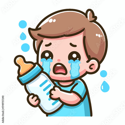 Cartoon illustration of a crying baby holding a bottle.