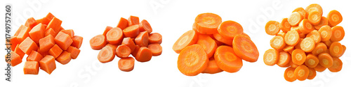 Carrots – Sliced or diced carrots commonly added to soups for flavor and texture. Isolated on Clear White Background Highly Detailed 