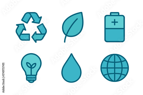 Six blue and cyan icons for environmental and energy concepts