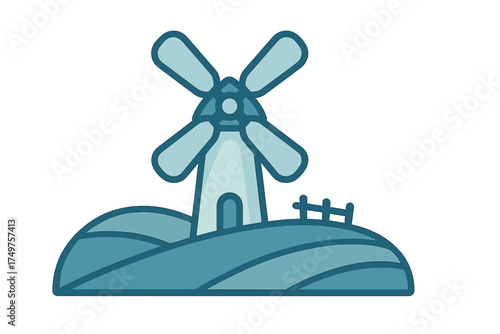 Stylized windmill icon on rolling green hills landscape