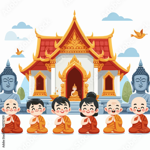 Cute cartoon children dressed as monks and nuns sitting in front of a traditional Thai temple with Buddha statues and flying birds.