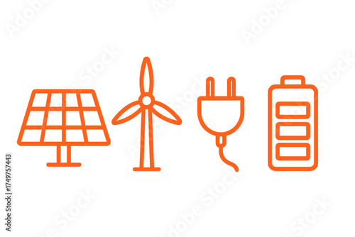 Renewable energy icons set with solar panel wind turbine plug and battery storage