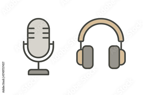 Studio microphone and over-ear headphones icon set for audio recording