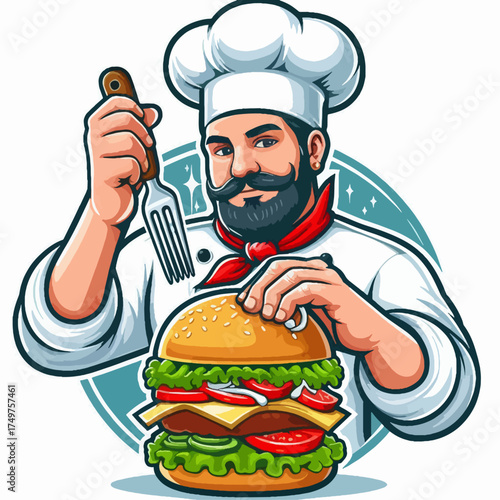 A cartoon illustration of a smiling male chef preparing and arranging grilled skewers on a wooden board with sauce.