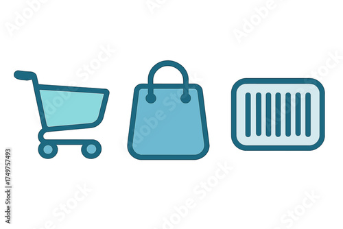 Set of shopping icons including cart bag and barcode symbols