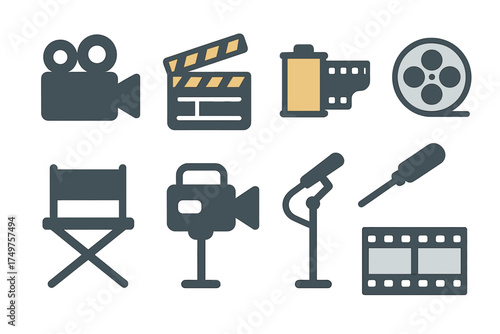 Dark gray and beige icons for film production and cinema equipment
