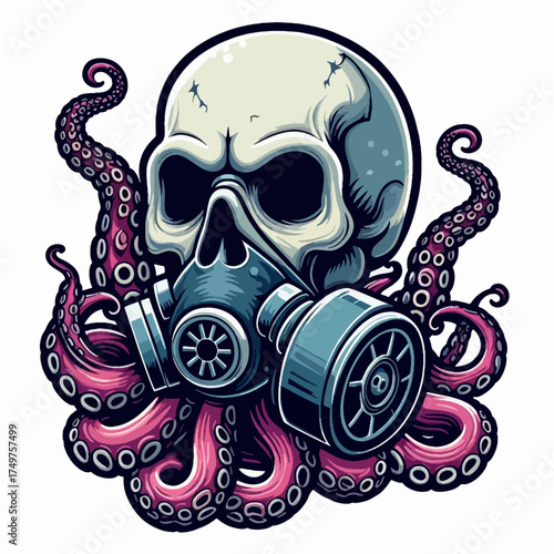 A stylized illustration of a human skull wearing a gas mask with vibrant purple octopus tentacles emerging from behind it, creating a dark and intriguing design.