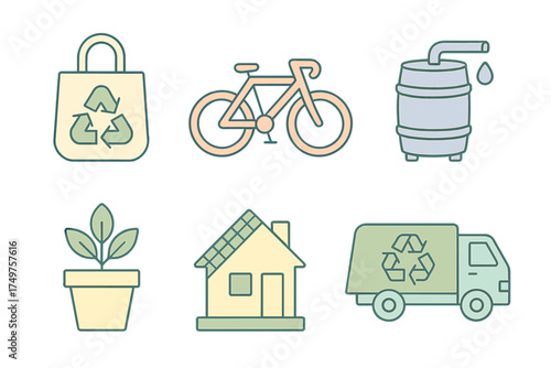 Set of six colorful icons representing ecology and sustainability concepts