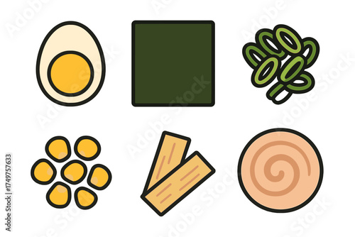 Collection of Japanese ramen noodle soup ingredient icons in modern flat style