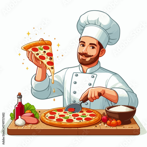 A cartoon illustration of a smiling male chef preparing and arranging grilled skewers on a wooden board with sauce.