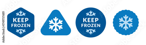 Keep frozen food vector labels. Blue snowflake flat icon symbols collection on geometric shapes for packages, stickers, web, badges, logo, banner, poster.	