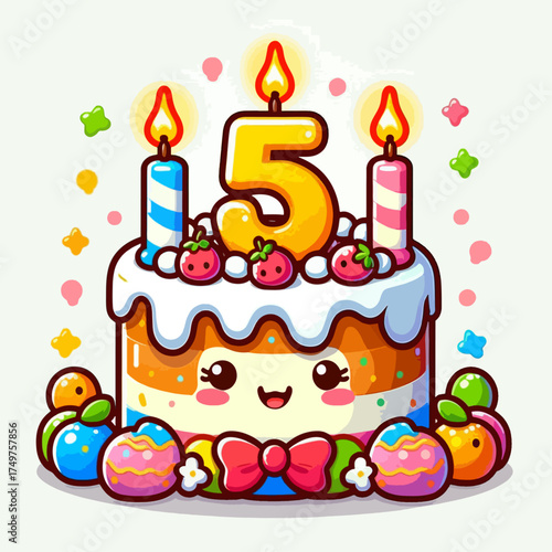 A cheerful cartoon birthday cake with a number 5 and three lit candles for a fifth birthday celebration.