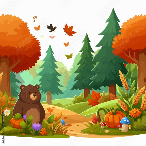 A charming cartoon illustration of a friendly bear in an autumnal forest setting with falling leaves and pumpkins.