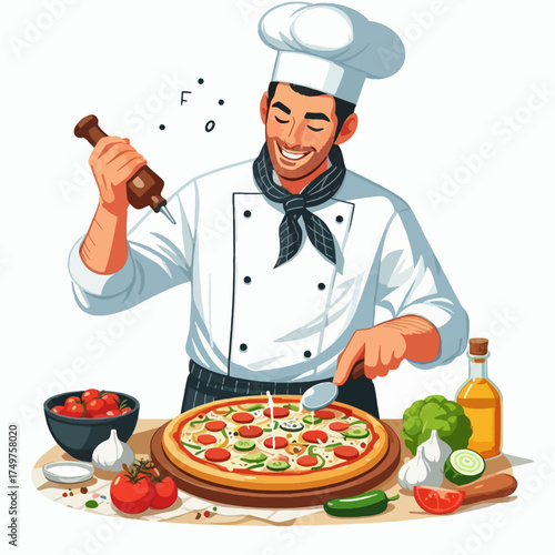 A cartoon illustration of a smiling male chef preparing and arranging grilled skewers on a wooden board with sauce.