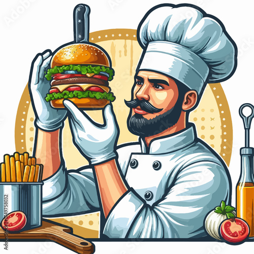 A cartoon illustration of a smiling male chef preparing and arranging grilled skewers on a wooden board with sauce.