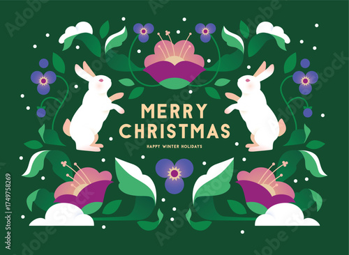 Christmas illustration with floral composition and cute bunnies in flat minimalist style. Design for Christmas greeting card, seasonal packaging or banners.
