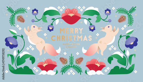 Christmas illustration with cute jumping squirrels, decorated with flowers in flat minimalist style. Design for greeting cards, advent calendars or product packaging.