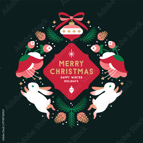 Christmas illustration with stylized wreath made of flat minimalist bunnies, flowers, pine branches and Christmas ornaments.