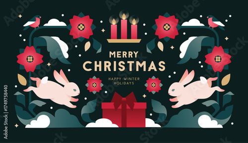 Christmas illustration with cute jumping bunnies, candles and gift box, decorated with poinsettia flowers in flat minimalist style. Design for banners, greeting cards, advent calendars or packaging.