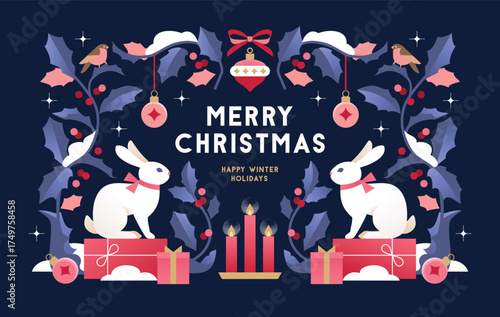 Christmas illustration with floral composition, cute bunnies and gift box in flat minimalist style. Design for Christmas greeting card, seasonal packaging or banners.
