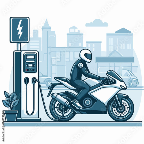 A motorcyclist in a protective suit charges an electric motorcycle at a public charging station in a modern city.
