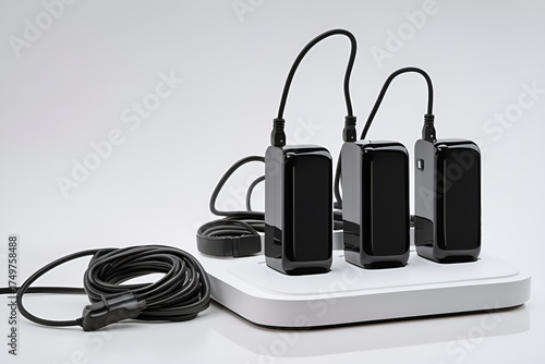 Three different types of black power adapters plugged in the white extension cord. Close-up. Concept of large electricity consumption