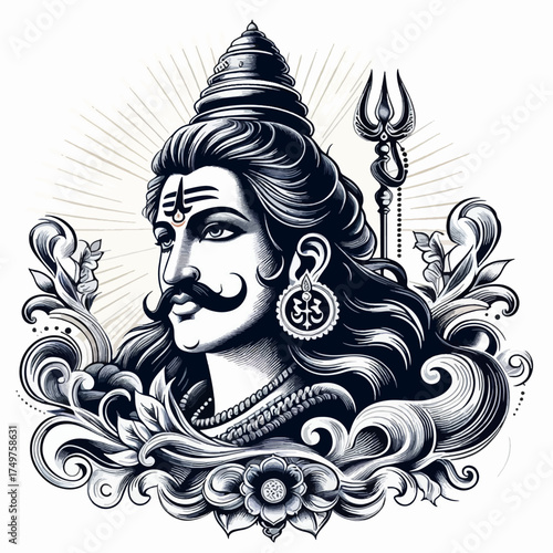 Intricate black and white illustration of Lord Shiva with a trident and ornate floral motifs, symbolizing divine power and spirituality.