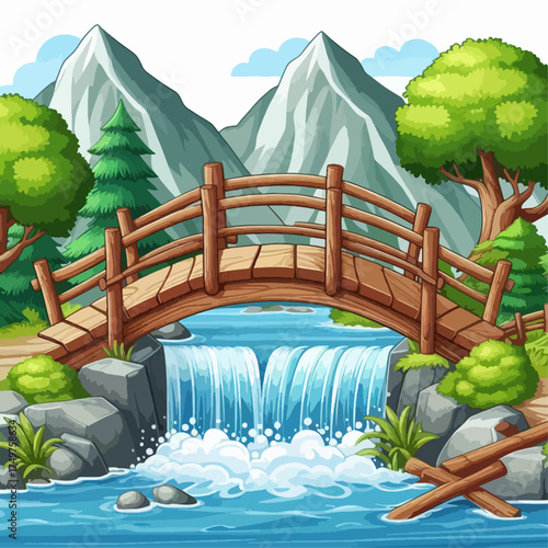 A charming cartoon illustration of a wooden bridge spanning a vibrant river with a cascading waterfall, set against a backdrop of majestic mountains and lush green trees.
