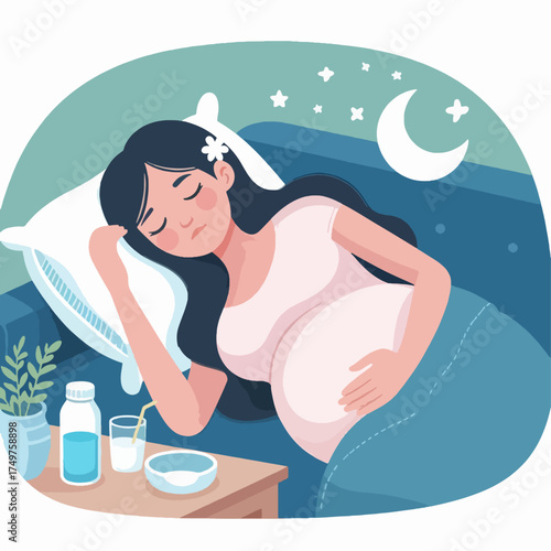 A beautiful pregnant woman sleeping in her bed at night, holding her belly.
