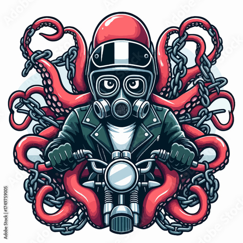 An artistic illustration of an octopus-like creature riding a motorcycle with chains.
