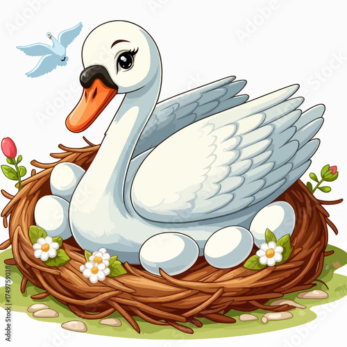A beautiful white swan sits protectively in its nest, surrounded by eggs and delicate flowers, with a small bird flying overhead.
