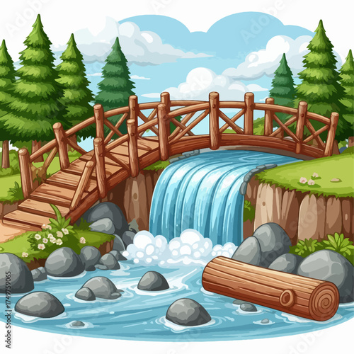A cartoon illustration of a wooden bridge over a cascading waterfall in a lush green forest.