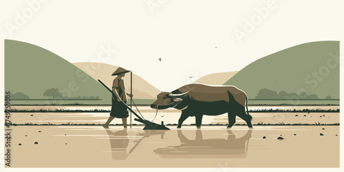 Farmer with water buffalo plowing a rice paddy in a rural landscape