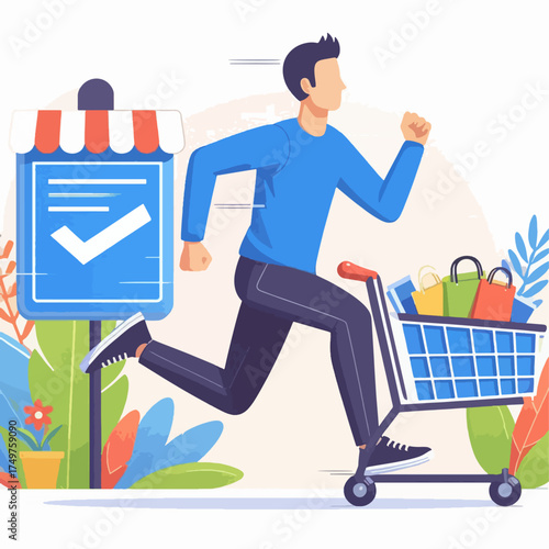 A man in a blue shirt and dark pants is running with a shopping cart full of groceries.