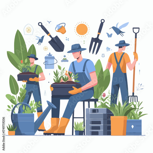 Illustration of three gardeners working with plants and gardening tools under the sun.