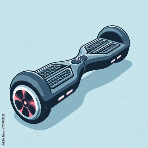 A detailed illustration of a sleek, modern hoverboard with glowing red accents on a light blue background.