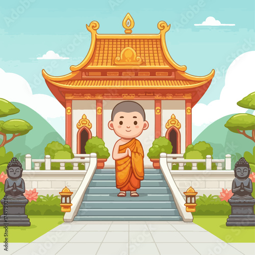 A young Buddhist monk stands with hands pressed together in prayer before a serene temple entrance with stone statues and lush greenery.