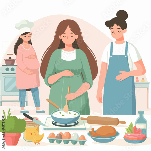Three pregnant women cooking and preparing food in a kitchen, emphasizing healthy eating during pregnancy.