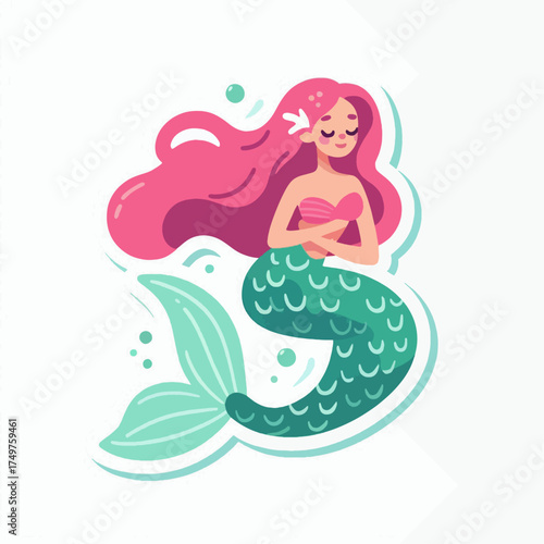 Cute cartoon mermaid with long pink hair and a green tail, eyes closed in a peaceful pose, surrounded by bubbles, in a flat vector illustration style.