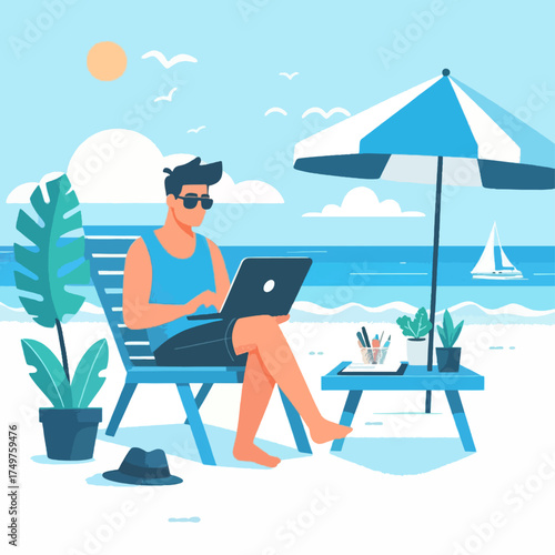 A man working on a laptop while relaxing on a beach under an umbrella on a sunny day.