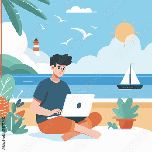 Man working on laptop at beach with palm tree, lighthouse, and sailboat.