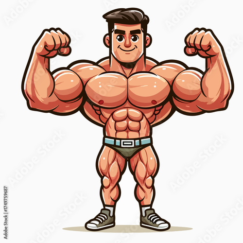 A muscular cartoon bodybuilder flexing his biceps with a confident smile.