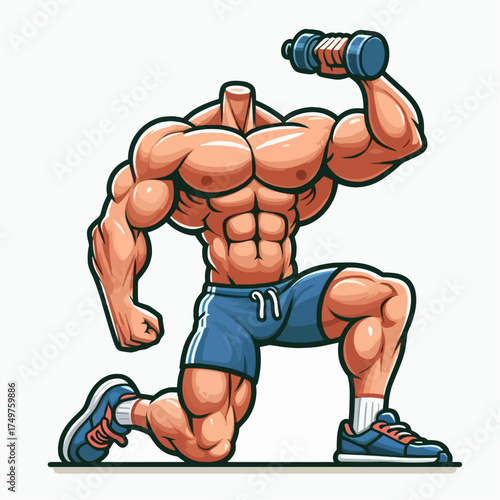 Cartoon illustration of a muscular, headless male bodybuilder kneeling and lifting a dumbbell, showcasing strength and fitness.