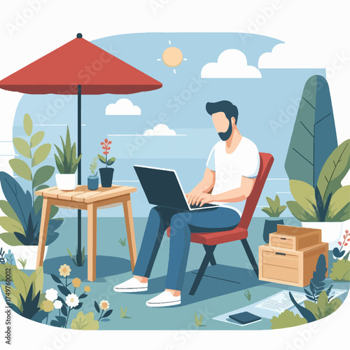 A man with a beard working on a laptop outdoors in a sunny garden under a red umbrella, surrounded by plants and flowers.