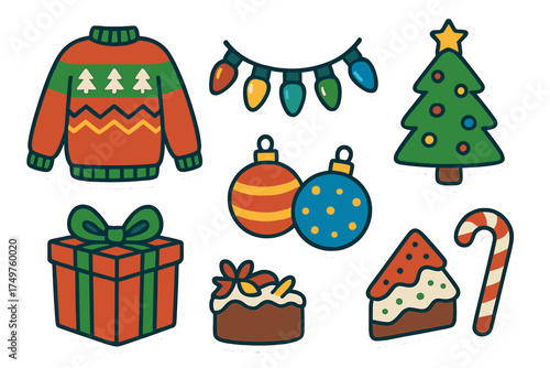Collection of cute holiday icons: sweater, ornaments, tree, and seasonal sweets