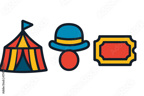 Colorful icons set featuring circus tent, clown hat, and admission ticket