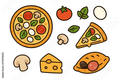 Cheerful pizza and Italian food ingredient flat icons set
