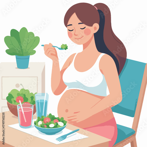 A happy pregnant woman enjoying a healthy meal of salad and drinks at a table, promoting good nutrition during pregnancy.