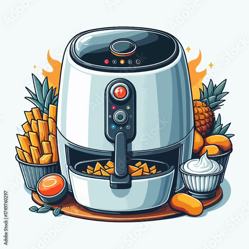 A modern white air fryer appliance surrounded by cooked fries, fresh pineapple, and dipping sauces in a vector illustration style.
