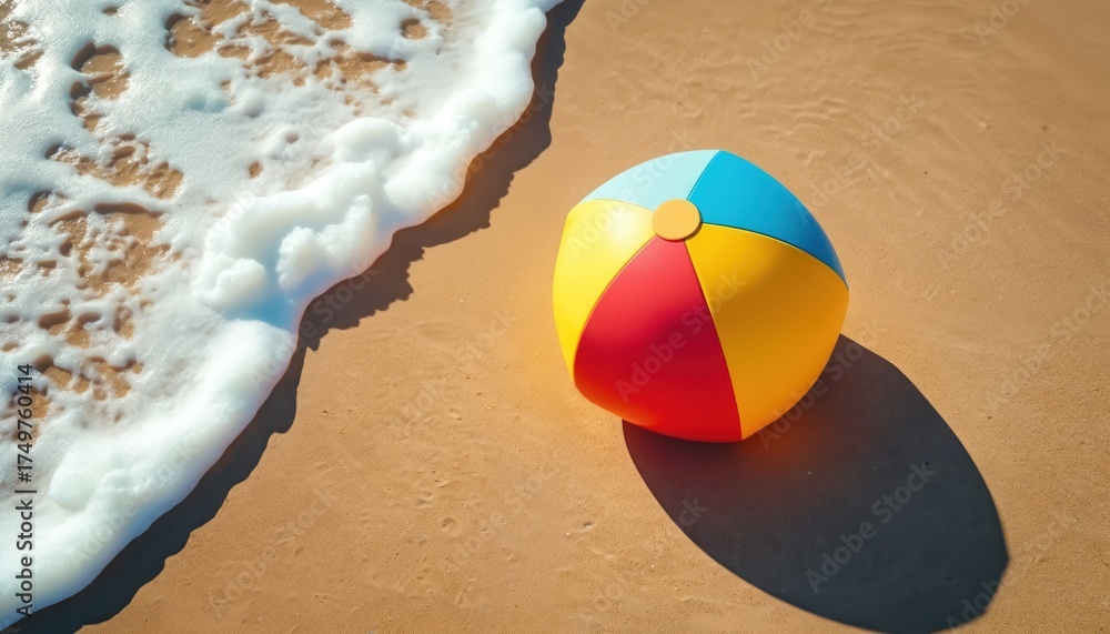 Obraz premium A vibrant multi colored beach ball rests on the warm golden sand. A white foamy ocean wave gently rolls onto the beach. Sunny day for summer holidays, vacation, and play by blue sea shore.